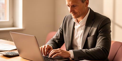 Berater an einem Holztisch mit Finanzunterlagen und Laptop in einem Schweizer Büro