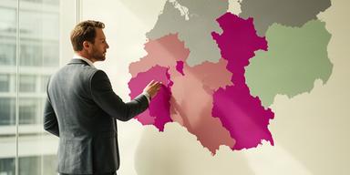 Marktanalyst bei der Auswertung einer DACH-Marktkarte im Büro
